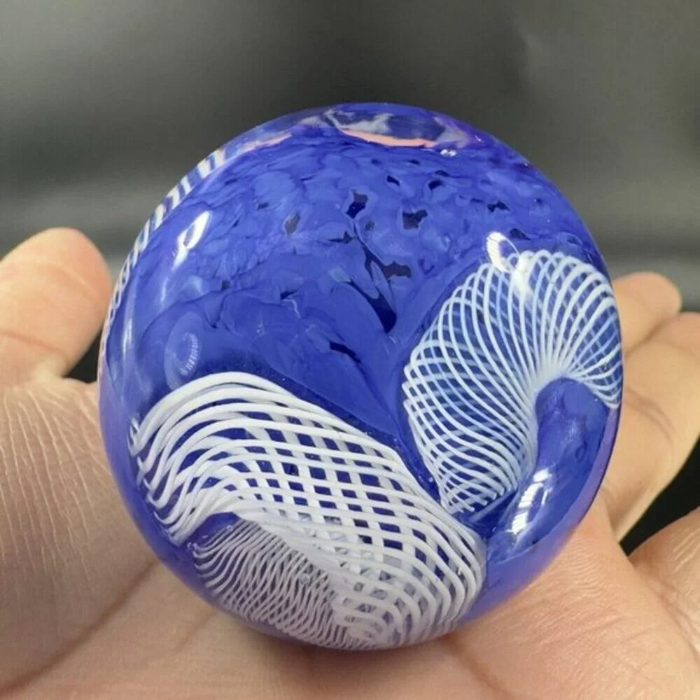 Murano Art Glass Paperweight Orb Cobalt Blue White Cane Venetian Italy Glass VTG